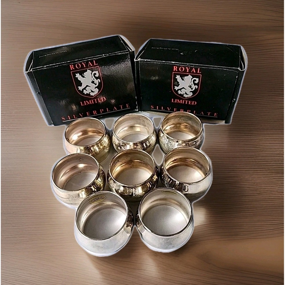 New 8 Pc. Vintage 1990s Royal Limited Silverplate Barrel Napkin Rings New In Box
